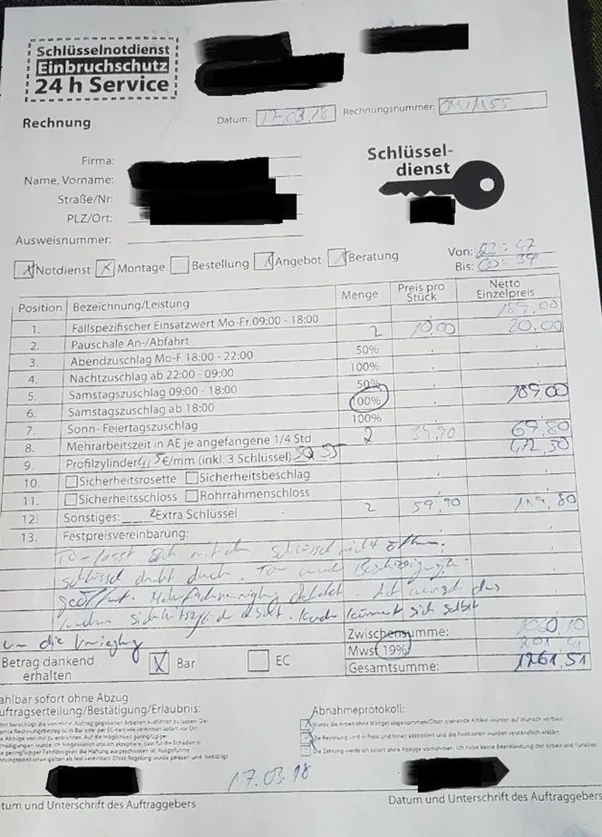 Rechnung eines Schlüsseldienstes mit detaillierter Leistungsübersicht